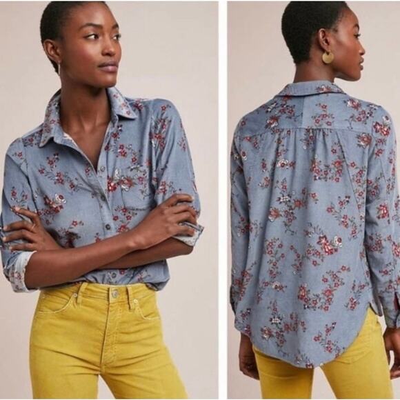 Anthropologie Tops - Anthropologie Building 18 Corduroy Button Down Shirt Women’s Sz 14 Blue Floral